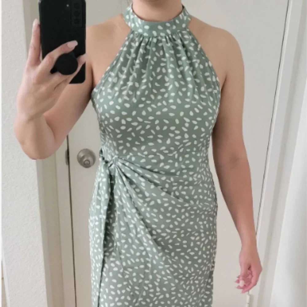 Boho Dress, Allover Print Knot Side Wrap Hem Halter Dress, Summer Dress - Picture 3 of 6
